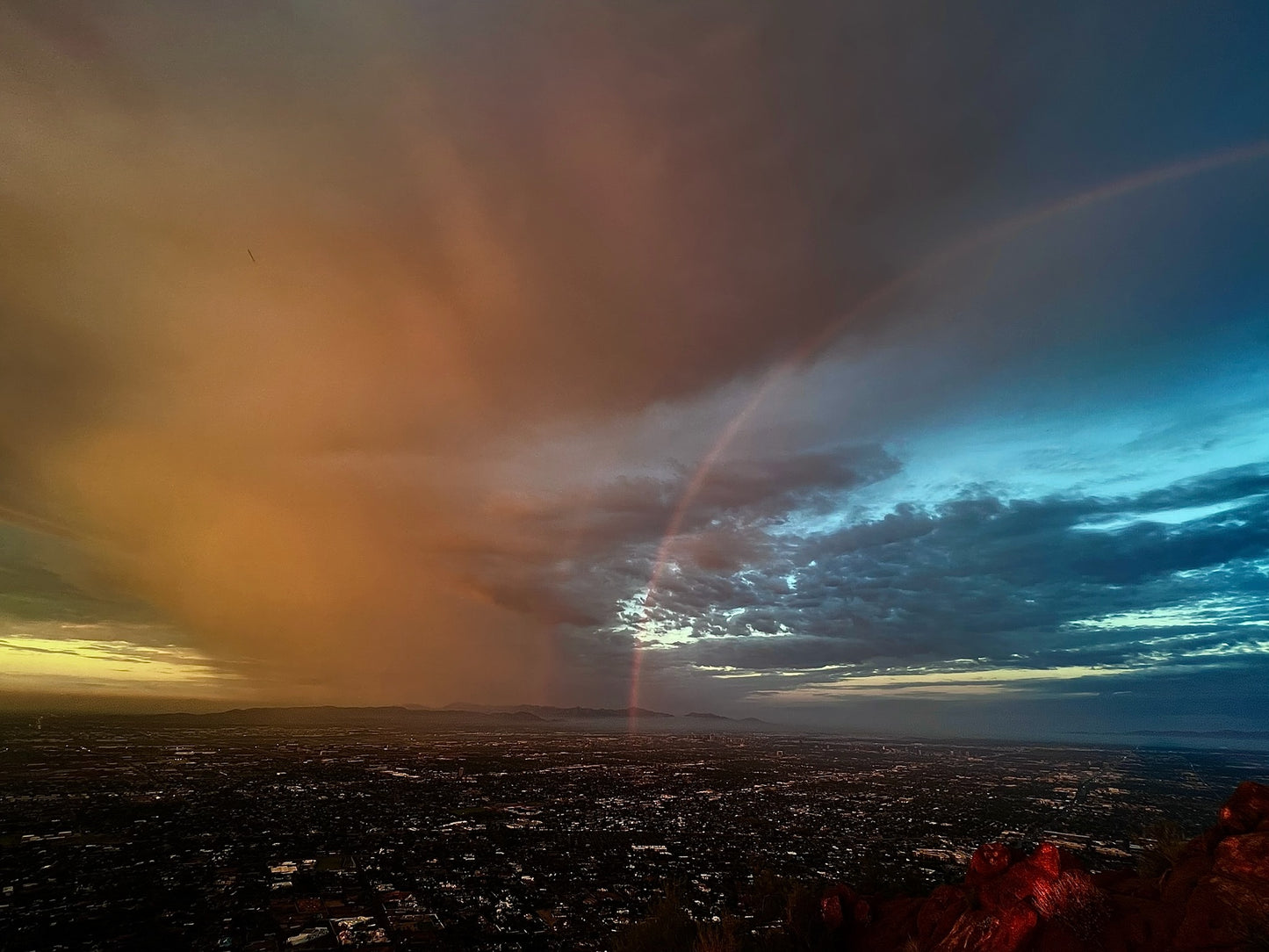 Arizona Monsoon Rainbow Wall Art – Glossy Metal Photo Print | Desert Storm Sky City View Décor