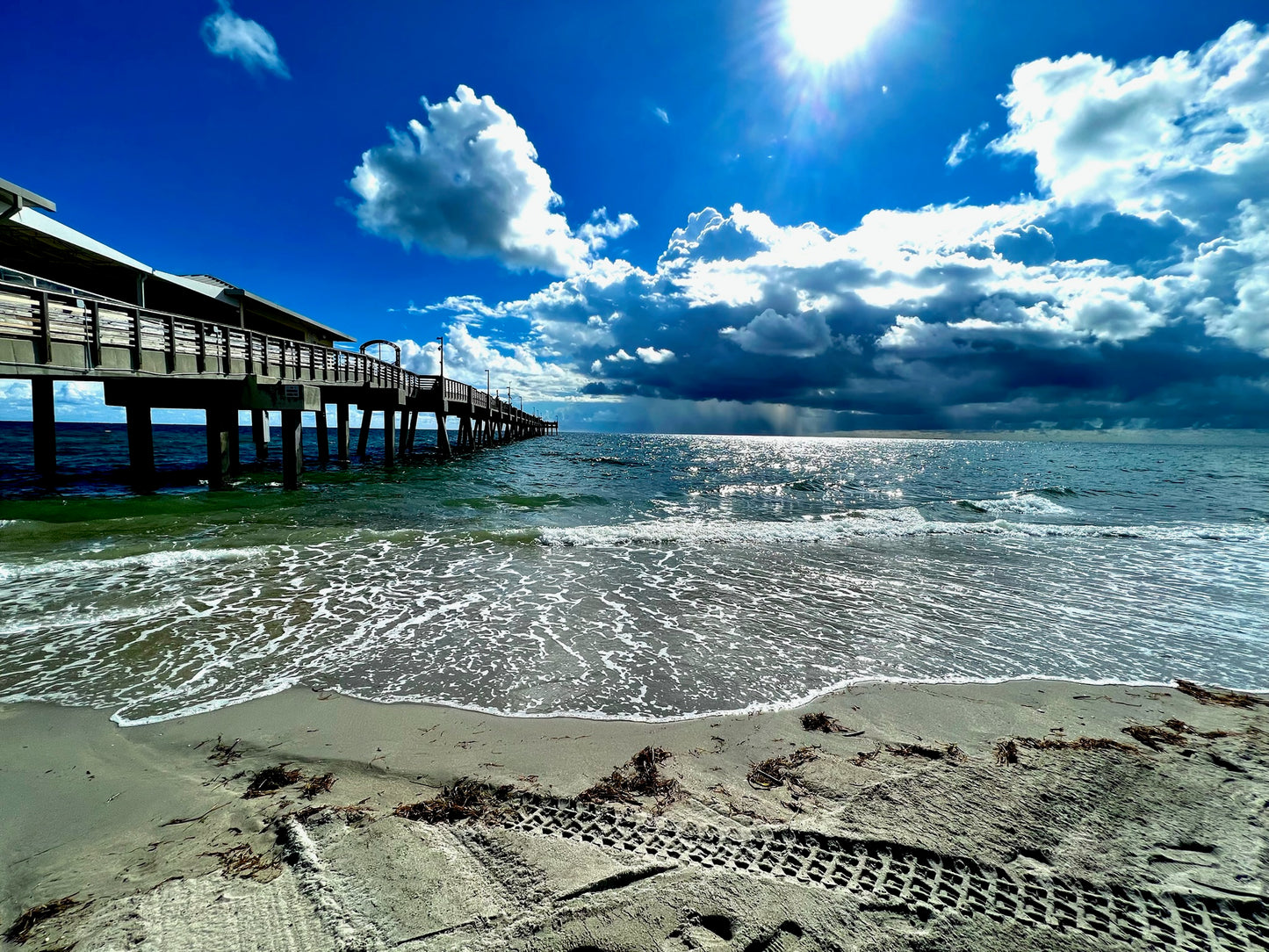 Florida Pier Storm Sky Wall Art – Glossy Metal Photo Print | Atlantic Coast Dramatic Beach Weather Décor
