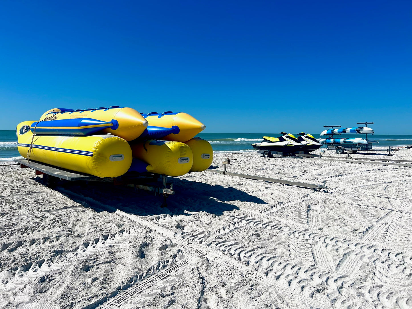 Beach Banana Boats Wall Art – Glossy Metal Photo Print | Coastal Watersports Fun Décor