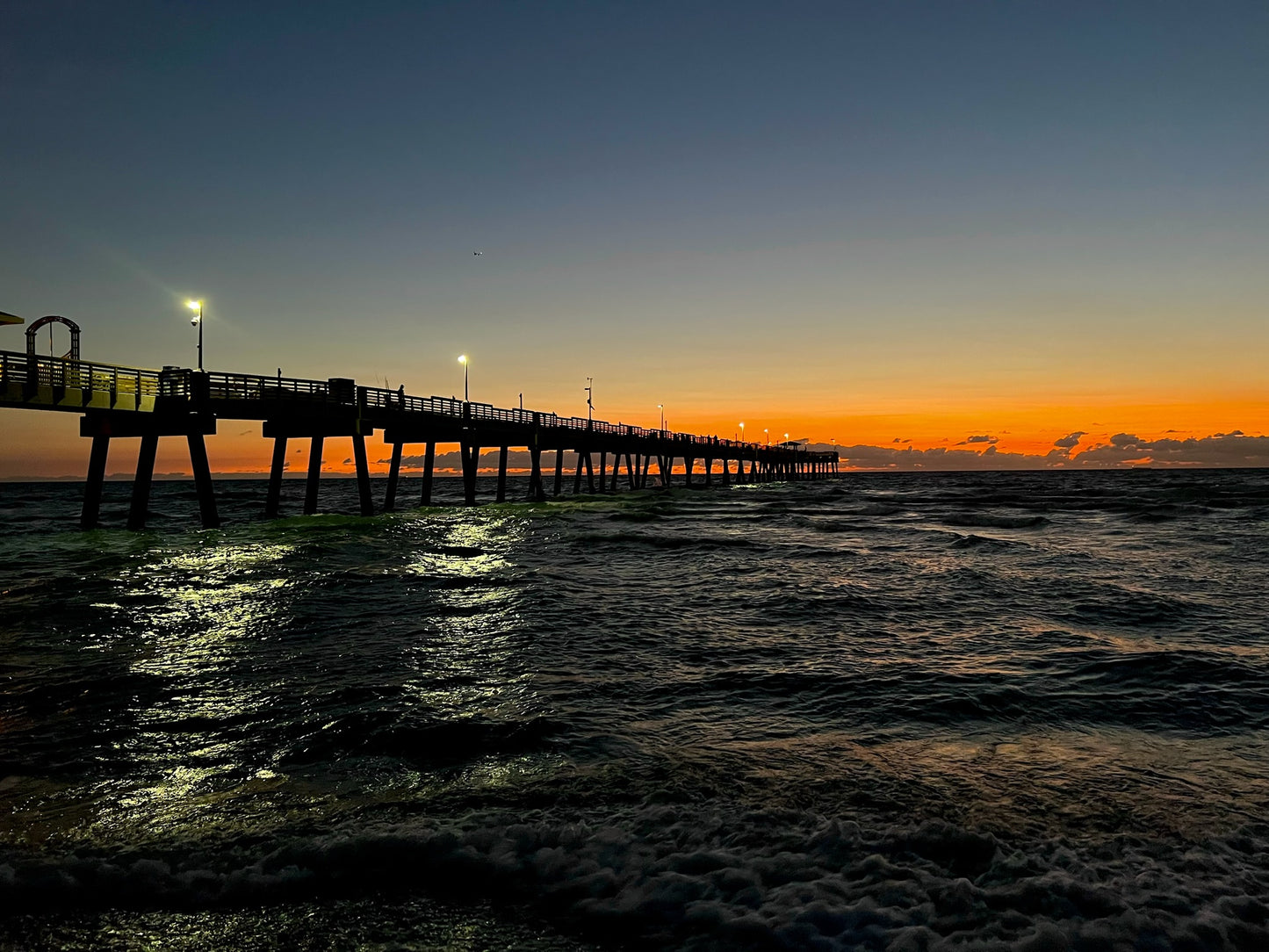 Florida Pier Sunset Wall Art – Glossy Metal Photo Print | Atlantic Ocean Coastal Silhouette Décor