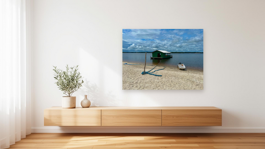 Amazon River Floating House Wall Art – Glossy Metal Photo Print | Brazil Rainforest River Houseboat Décor