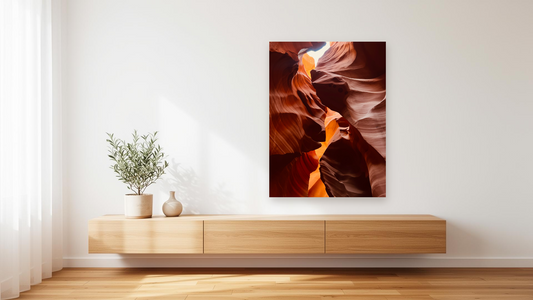 Antelope Canyon Light Glow Wall Art – Glossy Metal Photo Print | Arizona Slot Canyon Vertical Décor