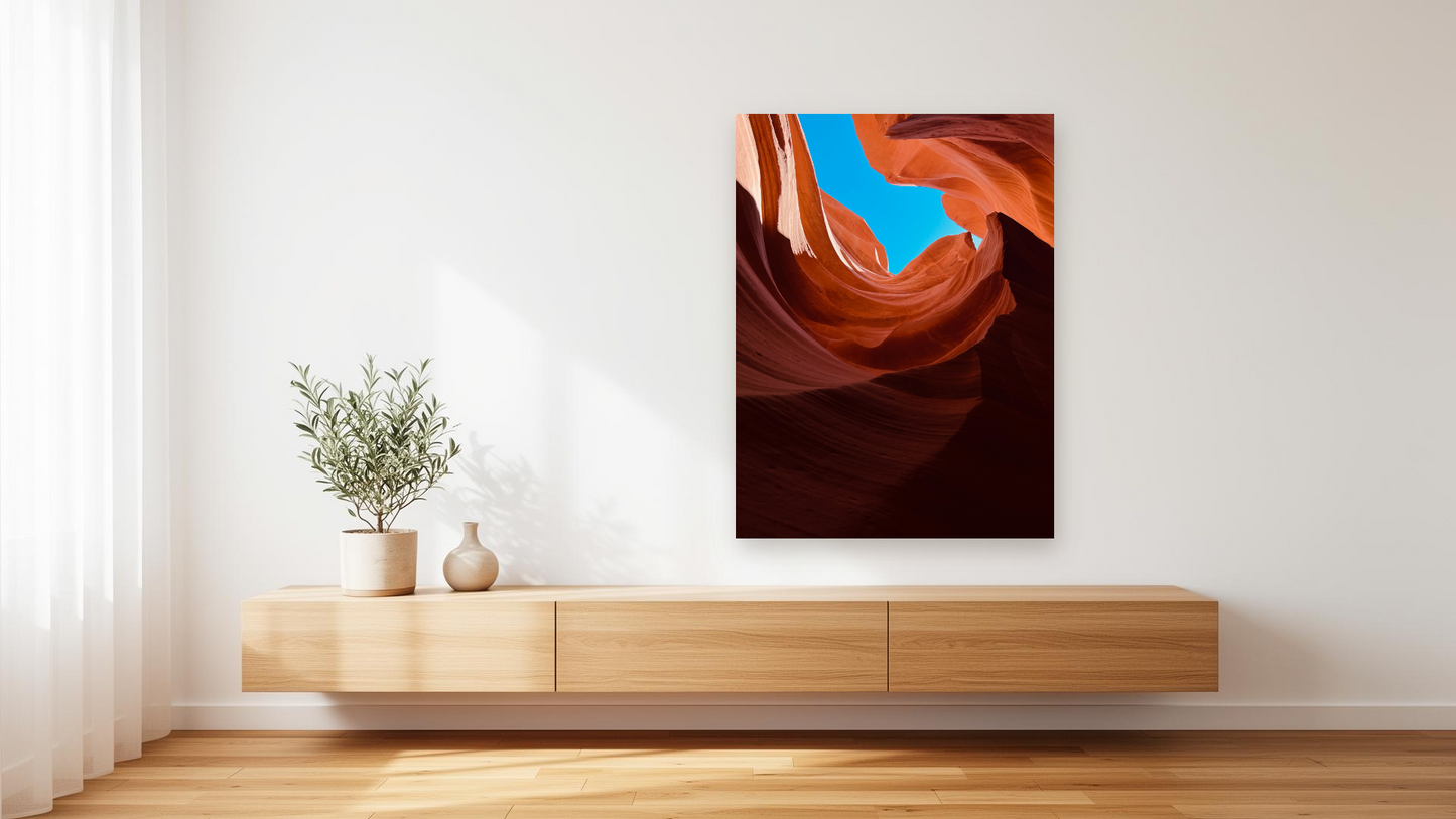 Antelope Canyon Sky Vortex Wall Art – Glossy Metal Photo Print | Arizona Slot Canyon Swirl Décor