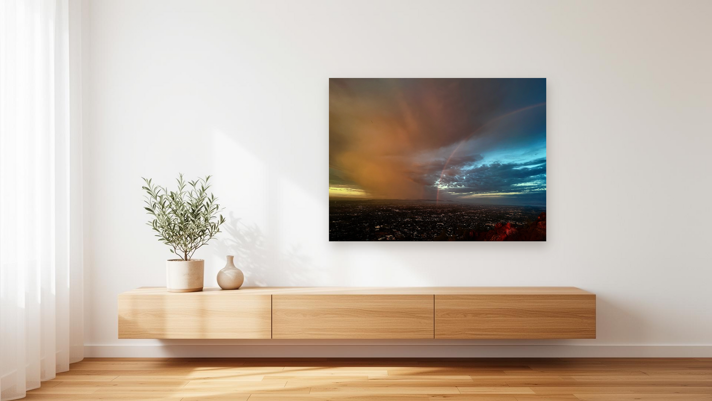 Arizona Monsoon Rainbow Wall Art – Glossy Metal Photo Print | Desert Storm Sky City View Décor