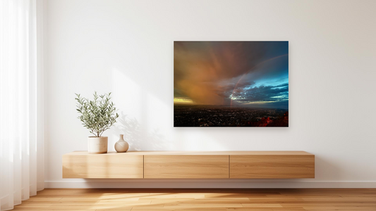 Arizona Monsoon Rainbow Wall Art – Glossy Metal Photo Print | Desert Storm Sky City View Décor