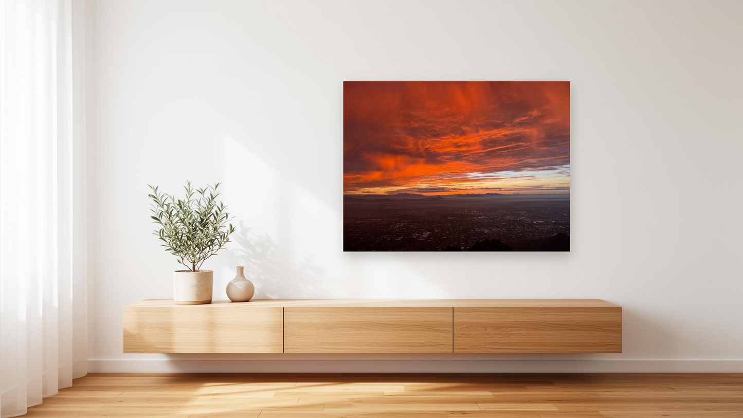 Arizona Monsoon Sunset Wall Art – Glossy Metal Photo Print | Tucson Desert Sky Fire Décor