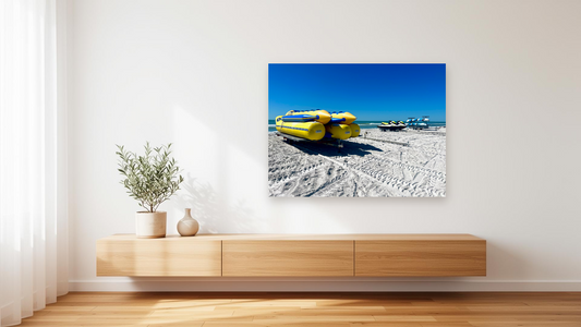 Beach Banana Boats Wall Art – Glossy Metal Photo Print | Coastal Watersports Fun Décor
