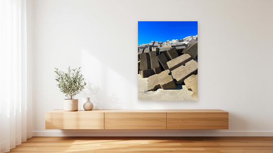 Coastal Breakwater Concrete Wall Art – Glossy Metal Photo Print | Industrial Sea Defense Abstract Décor