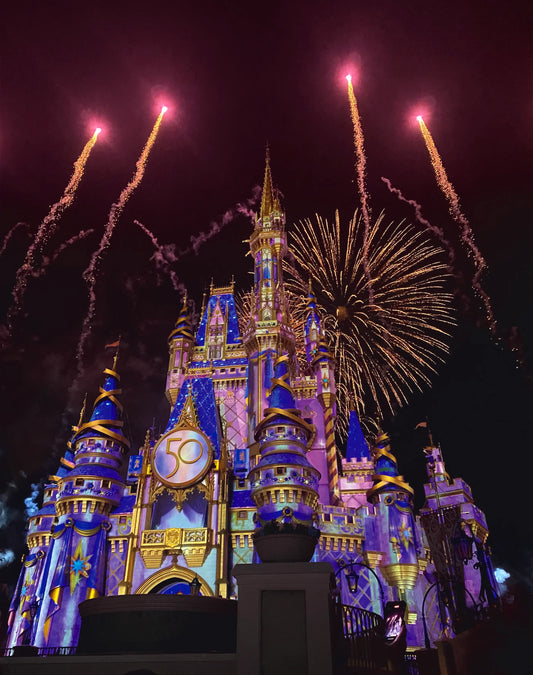 Castle Fireworks Metal Print – 14x11 Night Theme Park Art