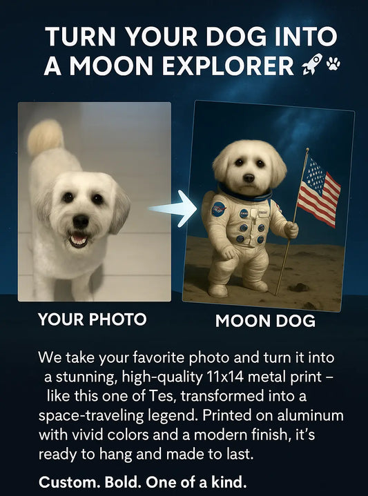 Custom Dog on the Moon Print – 14x11 Metal Pet Wall Art 🚀