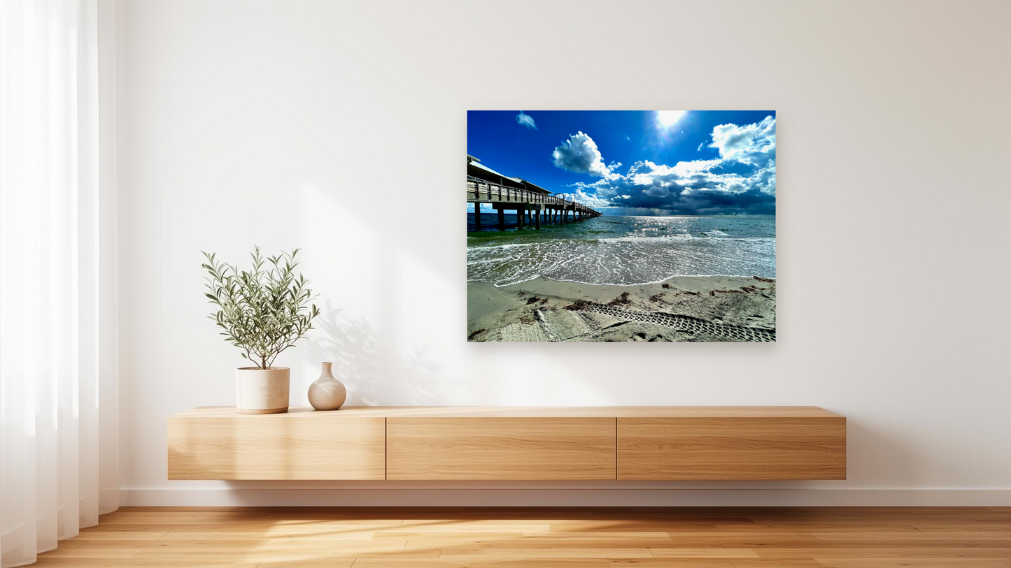 Florida Pier Storm Sky Wall Art – Glossy Metal Photo Print | Atlantic Coast Dramatic Beach Weather Décor
