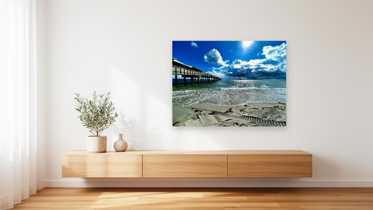 Florida Pier Storm Sky Wall Art – Glossy Metal Photo Print | Atlantic Coast Dramatic Beach Weather Décor