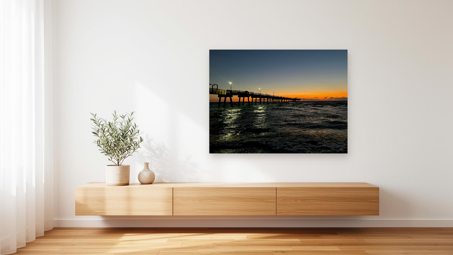 Florida Pier Sunset Wall Art – Glossy Metal Photo Print | Atlantic Ocean Coastal Silhouette Décor