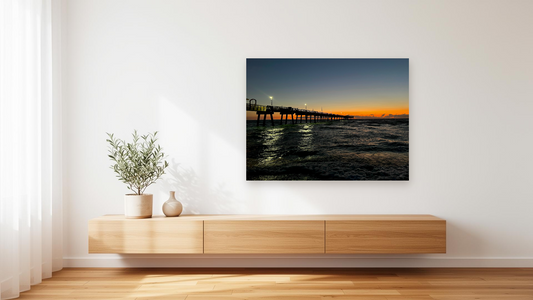 Florida Pier Sunset Wall Art – Glossy Metal Photo Print | Atlantic Ocean Coastal Silhouette Décor