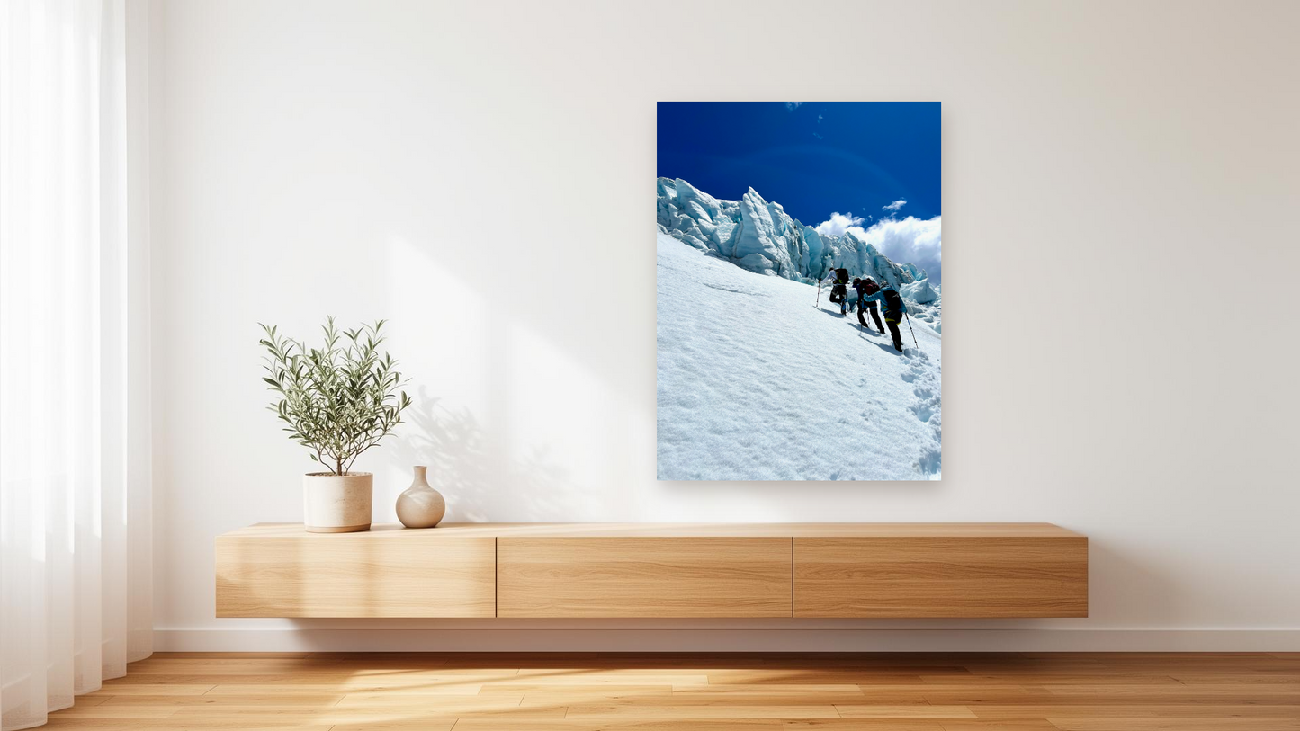 Glacier Icefall Climbers Wall Art – Glossy Metal Photo Print | Alpine Mountaineering Adventure Décor