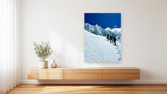 Glacier Icefall Climbers Wall Art – Glossy Metal Photo Print | Alpine Mountaineering Adventure Décor