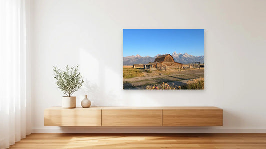 Grand Teton Barn Wall Art – Glossy Metal Photo Print | Mormon Row Wyoming Rustic Décor