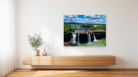 Iguazu Falls Panorama Wall Art – Glossy Metal Photo Print | Argentina Brazil Rainforest Waterfall Aerial View Décor