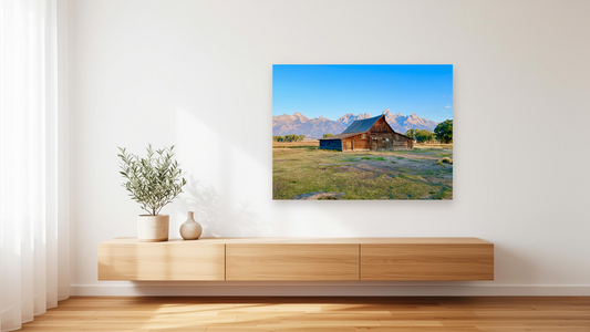 Mormon Row Homestead Wall Art – Glossy Metal Photo Print | Grand Teton Alpenglow Wyoming Décor