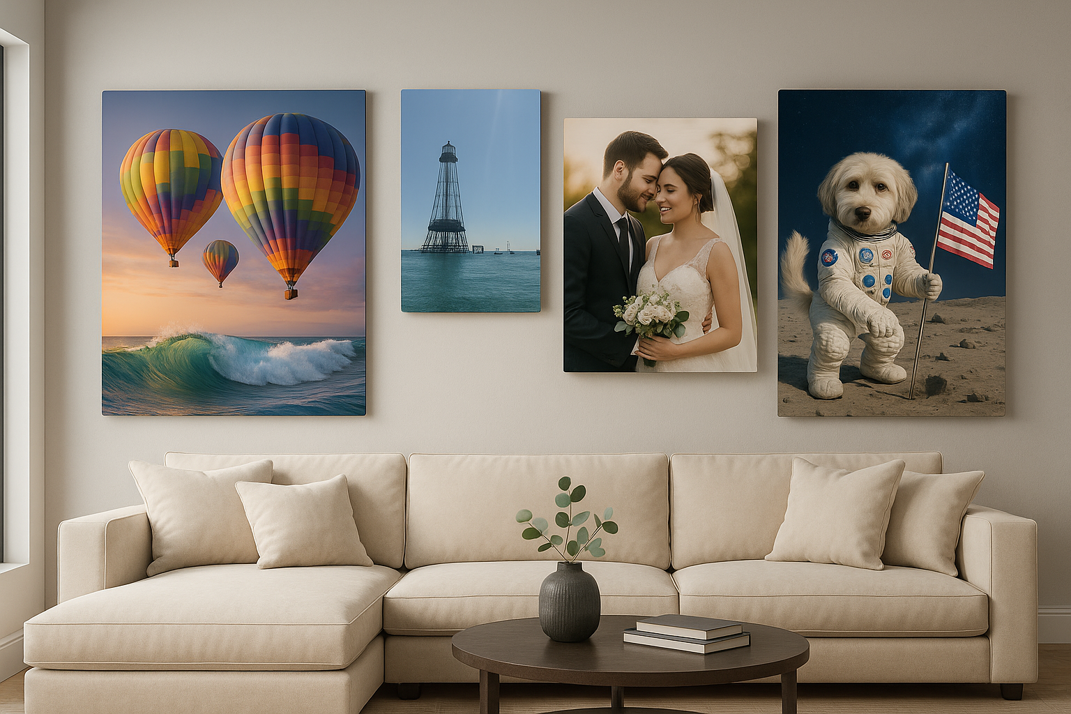 Glossy metal photo prints displayed in a luxurious modern living room, showcasing custom wall art from Photos On Metal