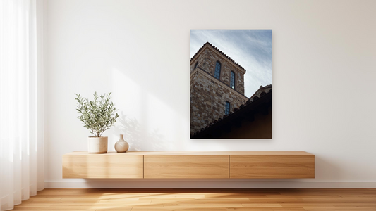 Tuscan Stone Tower Wall Art – Glossy Metal Photo Print | Wine Country Architecture Décor